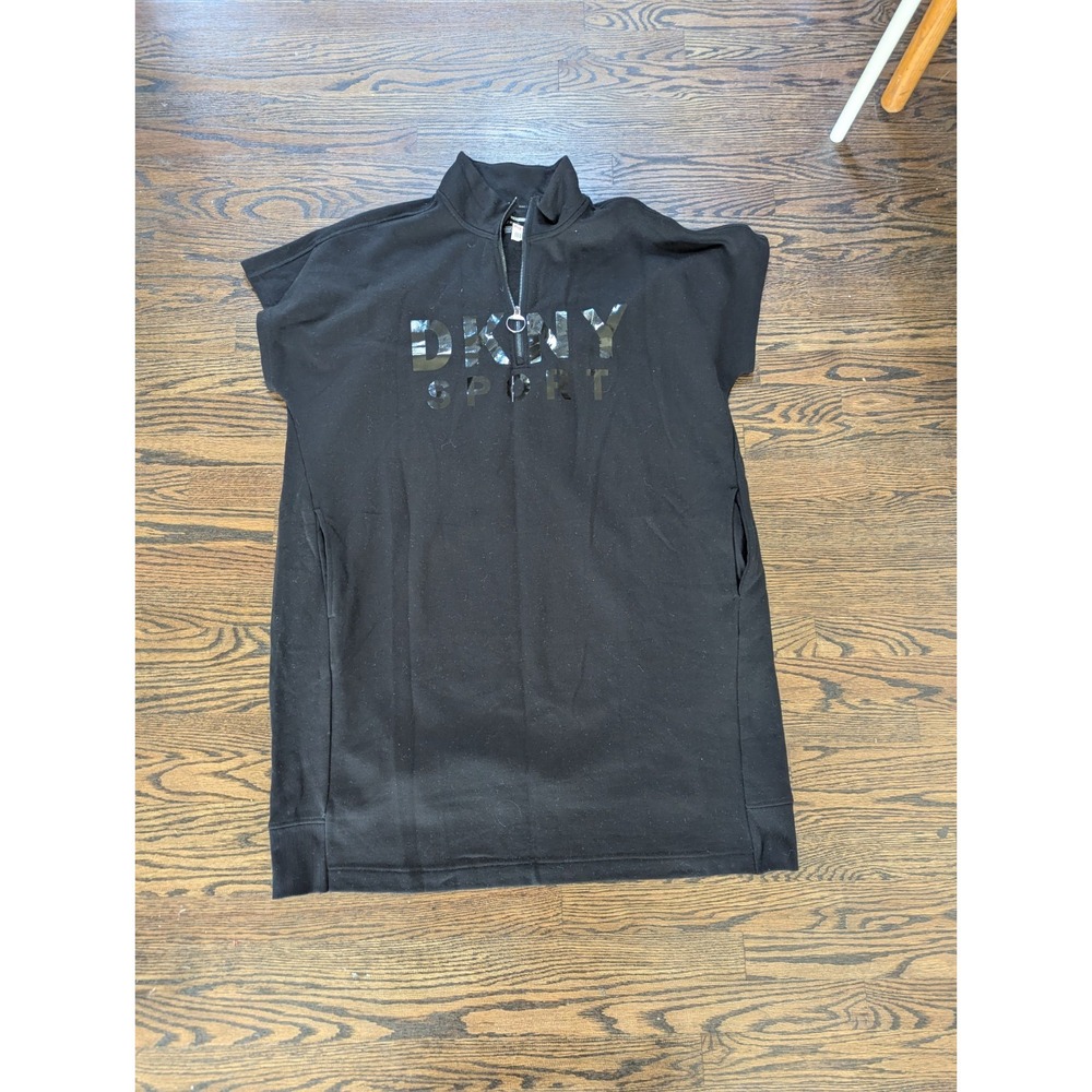 NEW! DKNY Sport Women Sweatshirt Tunic SIZE 2X Black Short Sleeve 1/4 Zip DRESS